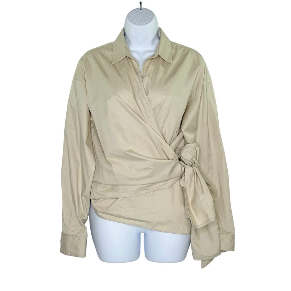 Zara Beige Poplin Blouse With Tie Detail S True Wrap Long Sleeve Crisp Poplin